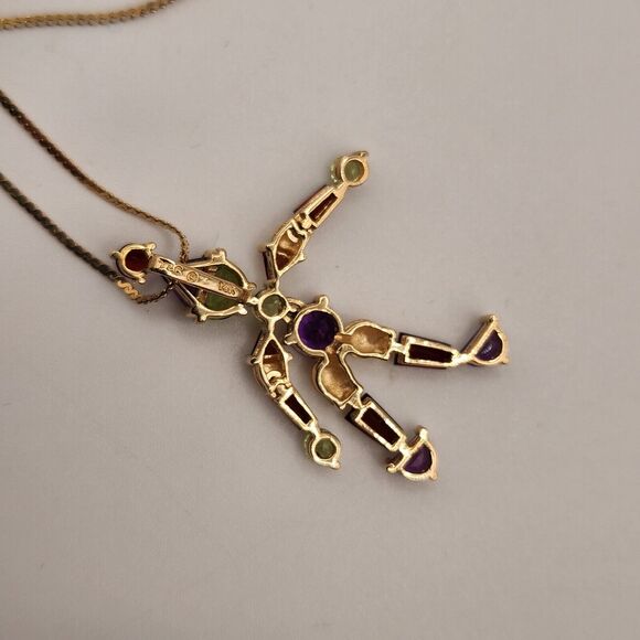Whimsical 14k Yellow Gold Jester Natural Gemstones Pendant Necklace 16" - Picture 9 of 10